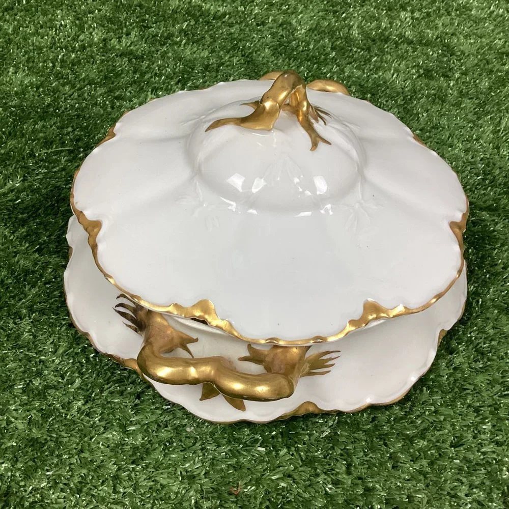 Antique Haviland Limoges Gold & White Porcelain Tureen Covered Bowl